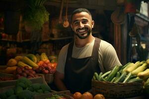 ritratto di un' sorridente uomo vendita verdure a un' drogheria negozio. ai generato professionista foto