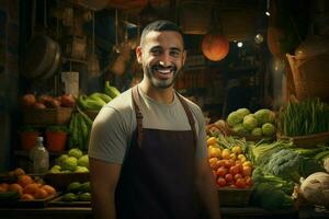 ritratto di un' sorridente uomo vendita verdure a un' drogheria negozio. ai generato professionista foto