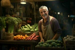 ritratto di un' sorridente uomo vendita verdure a un' drogheria negozio. ai generato professionista foto