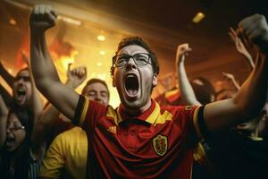 eccitato Belgio calcio fan applauso per loro squadra durante un' gioco a stadio. ai generato professionista foto