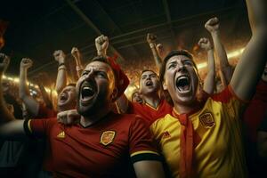 eccitato Belgio calcio fan applauso per loro squadra durante un' gioco a stadio. ai generato professionista foto