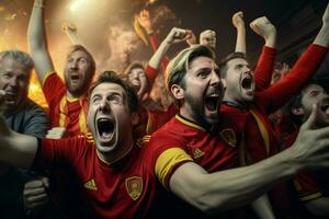 eccitato Belgio calcio fan applauso per loro squadra durante un' gioco a stadio. ai generato professionista foto