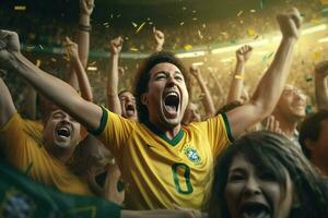 eccitato brasile calcio fan applauso per loro squadra durante un' gioco a stadio. ai generato professionista foto