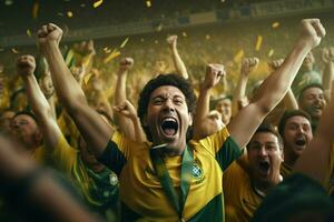 eccitato brasile calcio fan applauso per loro squadra durante un' gioco a stadio. ai generato professionista foto