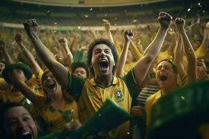 eccitato brasile calcio fan applauso per loro squadra durante un' gioco a stadio. ai generato professionista foto