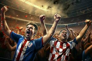 eccitato Croazia calcio fan applauso per loro squadra durante un' gioco a stadio. ai generato professionista foto