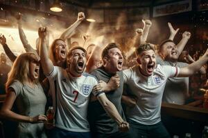 eccitato Inghilterra calcio fan applauso per loro squadra durante un' gioco a stadio. ai generato professionista foto