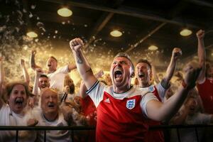 eccitato Inghilterra calcio fan applauso per loro squadra durante un' gioco a stadio. ai generato professionista foto