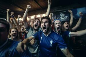 eccitato Francia calcio fan applauso per loro squadra durante un' gioco a stadio. ai generato professionista foto