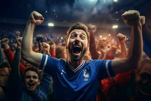 eccitato Francia calcio fan applauso per loro squadra durante un' gioco a stadio. ai generato professionista foto