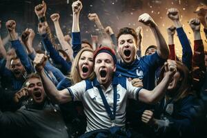 eccitato Francia calcio fan applauso per loro squadra durante un' gioco a stadio. ai generato professionista foto