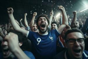 eccitato Francia calcio fan applauso per loro squadra durante un' gioco a stadio. ai generato professionista foto