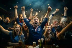 eccitato Francia calcio fan applauso per loro squadra durante un' gioco a stadio. ai generato professionista foto