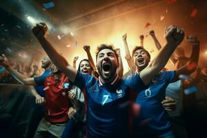 eccitato Francia calcio fan applauso per loro squadra durante un' gioco a stadio. ai generato professionista foto