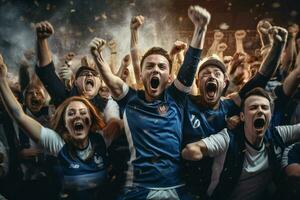 eccitato Francia calcio fan applauso per loro squadra durante un' gioco a stadio. ai generato professionista foto