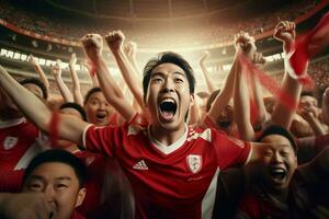 eccitato Giappone calcio fan applauso per loro squadra durante un' gioco a stadio. ai generato professionista foto