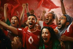 eccitato Marocco calcio fan applauso per loro squadra durante un' gioco a stadio. ai generato professionista foto