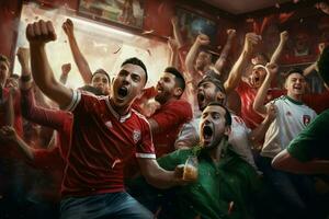 eccitato Marocco calcio fan applauso per loro squadra durante un' gioco a stadio. ai generato professionista foto