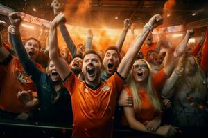 eccitato Olanda calcio fan applauso per loro squadra durante un' gioco a stadio. ai generato professionista foto