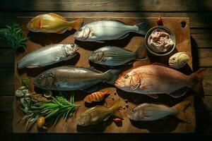 assortimento di fresco pesce su un' di legno sfondo. superiore Visualizza. ai generato professionista foto