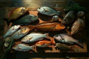 assortimento di fresco pesce su un' di legno sfondo. superiore Visualizza. ai generato professionista foto