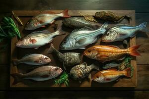 assortimento di fresco pesce su un' di legno sfondo. superiore Visualizza. ai generato professionista foto