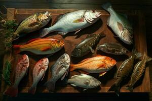 assortimento di fresco pesce su un' di legno sfondo. superiore Visualizza. ai generato professionista foto