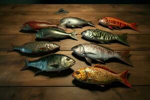 assortimento di fresco pesce su un' di legno sfondo. superiore Visualizza. ai generato professionista foto