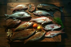 assortimento di fresco pesce su un' di legno sfondo. superiore Visualizza. ai generato professionista foto