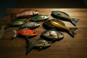 assortimento di fresco pesce su un' di legno sfondo. superiore Visualizza. ai generato professionista foto