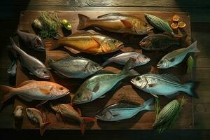 assortimento di fresco pesce su un' di legno sfondo. superiore Visualizza. ai generato professionista foto