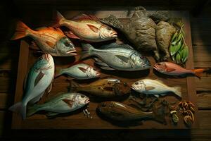 assortimento di fresco pesce su un' di legno sfondo. superiore Visualizza. ai generato professionista foto