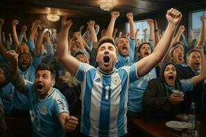 eccitato argentina calcio fan applauso per loro squadra durante un' gioco a stadio. ai generato professionista foto