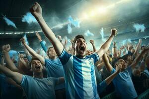 eccitato argentina calcio fan applauso per loro squadra durante un' gioco a stadio. ai generato professionista foto
