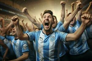 eccitato argentina calcio fan applauso per loro squadra durante un' gioco a stadio. ai generato professionista foto