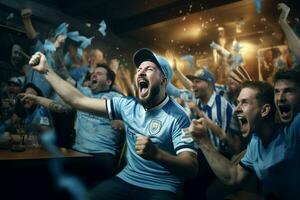 eccitato argentina calcio fan applauso per loro squadra durante un' gioco a stadio. ai generato professionista foto