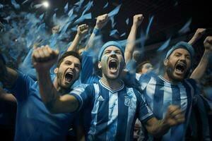 eccitato argentina calcio fan applauso per loro squadra durante un' gioco a stadio. ai generato professionista foto