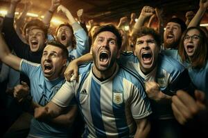 eccitato argentina calcio fan applauso per loro squadra durante un' gioco a stadio. ai generato professionista foto