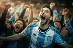 eccitato argentina calcio fan applauso per loro squadra durante un' gioco a stadio. ai generato professionista foto