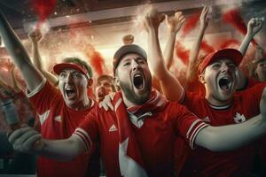 eccitato Canada calcio fan applauso per loro squadra durante un' gioco a stadio. ai generato professionista foto