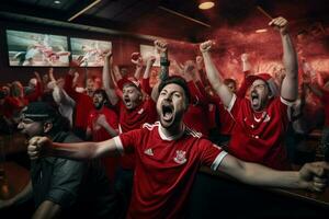 eccitato Canada calcio fan applauso per loro squadra durante un' gioco a stadio. ai generato professionista foto