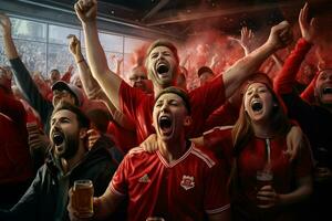 eccitato Canada calcio fan applauso per loro squadra durante un' gioco a stadio. ai generato professionista foto