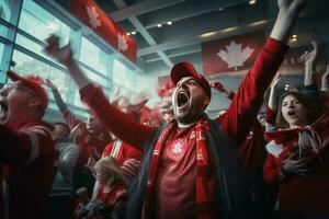 eccitato Canada calcio fan applauso per loro squadra durante un' gioco a stadio. ai generato professionista foto