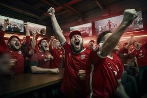 eccitato Canada calcio fan applauso per loro squadra durante un' gioco a stadio. ai generato professionista foto