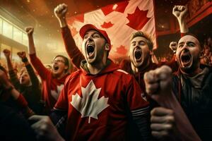 eccitato Canada calcio fan applauso per loro squadra durante un' gioco a stadio. ai generato professionista foto