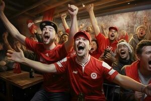 eccitato Canada calcio fan applauso per loro squadra durante un' gioco a stadio. ai generato professionista foto