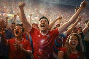 eccitato Costa Rica calcio fan applauso per loro squadra durante un' gioco a stadio. ai generato professionista foto