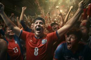 eccitato Costa Rica calcio fan applauso per loro squadra durante un' gioco a stadio. ai generato professionista foto