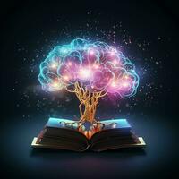 Aperto libro con raggiante cervello albero su buio sfondo. ai generato professionista foto