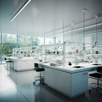 3d rendere di moderno laboratorio interno con cristalleria e scienza attrezzatura. ai generato professionista foto